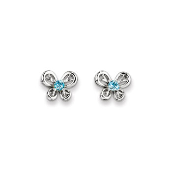 Girls Birthstone Butterfly Earrings - Genuine Light Swiss Blue Topaz Birthstone - Sterling Silver Rhodium - Push-back posts