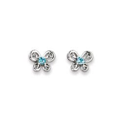 Girls Birthstone Butterfly Earrings - Genuine Light Swiss Blue Topaz Birthstone - Sterling Silver Rhodium - Push-back posts/