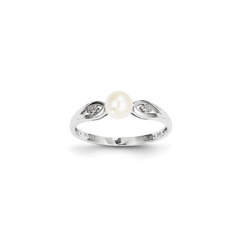 Girls Pearl and Diamond Birthstone Ring - Freshwater Cultured Pearl Birthstone with Diamond Accents - 14K White Gold - Size 5