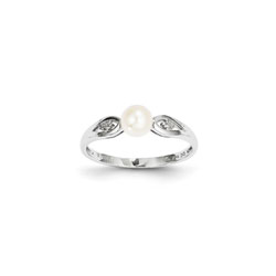 Girls Pearl and Diamond Birthstone Ring - Freshwater Cultured Pearl Birthstone with Diamond Accents - 14K White Gold - Size 5/