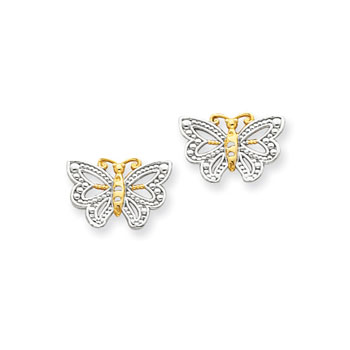 Gorgeous Two-Tone Butterfly Earrings for Tween and Teen Girls - 14K Yellow and Rhodium - Push-Back Posts - BEST SELLER