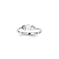 Girls Birthstone Heart Ring - Freshwater Cultured Pearl Birthstone - Sterling Silver Rhodium - Size 5/