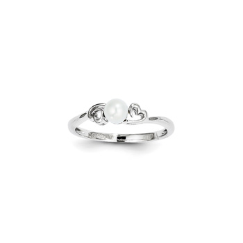 Girls Birthstone Heart Ring - Freshwater Cultured Pearl Birthstone - Sterling Silver Rhodium - Size 7