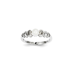 Girls Birthstone & Diamond Heart Ring - Genuine Diamond & Freshwater Cultured Pearl Birthstone - Sterling Silver Rhodium - Size 5/