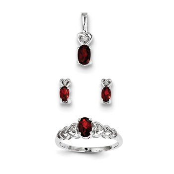 Girls Birthstone Heart Jewelry - Genuine Garnet Birthstones - Size 5 Ring, Earrings, and Necklace Set - Sterling Silver Rhodium - 16" adj. chain included - 3 Item Set - Save $15 with this set