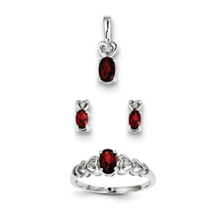 Girls Birthstone Heart Jewelry - Genuine Garnet Birthstones - Size 5 Ring, Earrings, and Necklace Set - Sterling Silver Rhodium - 16
