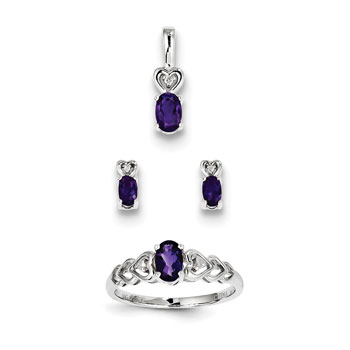 Girls Birthstone Heart Jewelry - Genuine Amethyst Birthstones - Size 5 Ring, Earrings, and Necklace Set - Sterling Silver Rhodium - 16" adj. chain included - 3 Item Set - Save $15 with this set