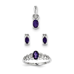 Girls Birthstone Heart Jewelry - Genuine Amethyst Birthstones - Size 5 Ring, Earrings, and Necklace Set - Sterling Silver Rhodium - 16