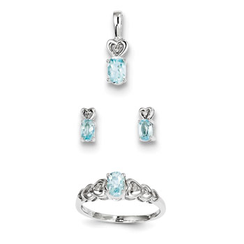 Girls Birthstone Heart Jewelry - Genuine March Birthstones - Size 5 Ring, Earrings, and Necklace Set - Sterling Silver Rhodium - 16" adj. chain included - 3 Item Set - Save $15 with this set