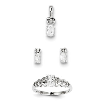 Girls Birthstone Heart Jewelry - Genuine April Birthstones - Size 5 Ring, Earrings, and Necklace Set - Sterling Silver Rhodium - 16" adj. chain included - 3 Item Set - Save $15 with this set