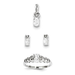 Girls Birthstone Heart Jewelry - Genuine April Birthstones - Size 5 Ring, Earrings, and Necklace Set - Sterling Silver Rhodium - 16