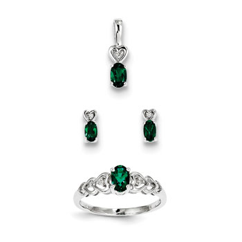 Girls Birthstone Heart Jewelry - Created Emerald Birthstones - Size 5 Ring, Earrings, and Necklace Set - Sterling Silver Rhodium - 16" adj. chain included - 3 Item Set - Save $15 with this set