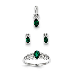 Girls Birthstone Heart Jewelry - Created Emerald Birthstones - Size 5 Ring, Earrings, and Necklace Set - Sterling Silver Rhodium - 16