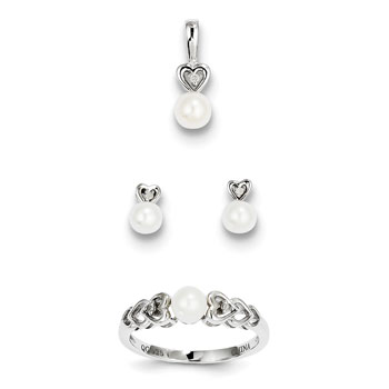 Girls Birthstone Heart Jewelry - Freshwater Cultured Pearl - Size 5 Ring, Earrings, and Necklace Set - Sterling Silver Rhodium - 16" adj. chain included - 3 Item Set - Save $15 with this set