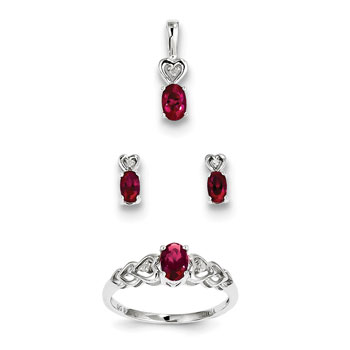 Girls Birthstone Heart Jewelry - Created Ruby Birthstones - Size 5 Ring, Earrings, and Necklace Set - Sterling Silver Rhodium - 16" adj. chain included - 3 Item Set - Save $15 with this set
