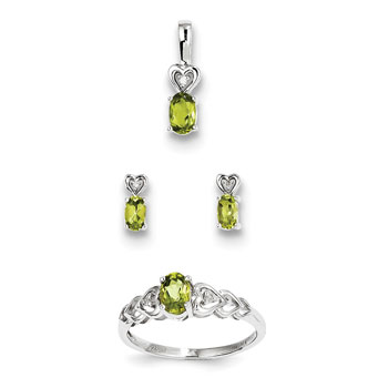 Girls Birthstone Heart Jewelry - Genuine Peridot Birthstones - Size 5 Ring, Earrings, and Necklace Set - Sterling Silver Rhodium - 16" adj. chain included - 3 Item Set - Save $15 with this set