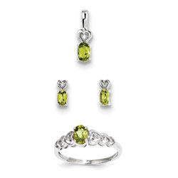 Girls Birthstone Heart Jewelry - Genuine Peridot Birthstones - Size 5 Ring, Earrings, and Necklace Set - Sterling Silver Rhodium - 16