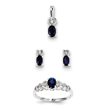 Girls Birthstone Heart Jewelry - Created Blue Sapphire Birthstones - Size 5 Ring, Earrings, and Necklace Set - Sterling Silver Rhodium - 16" adj. chain included - 3 Item Set - Save $15 with this set