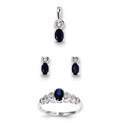 Girls Birthstone Heart Jewelry - Created Blue Sapphire Birthstones - Size 5 Ring, Earrings, and Necklace Set - Sterling Silver Rhodium - 16