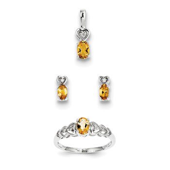 Girls Birthstone Heart Jewelry - Genuine Citrine Birthstones - Size 5 Ring, Earrings, and Necklace Set - Sterling Silver Rhodium - 16" adj. chain included - 3 Item Set - Save $15 with this set