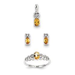 Girls Birthstone Heart Jewelry - Genuine Citrine Birthstones - Size 5 Ring, Earrings, and Necklace Set - Sterling Silver Rhodium - 16