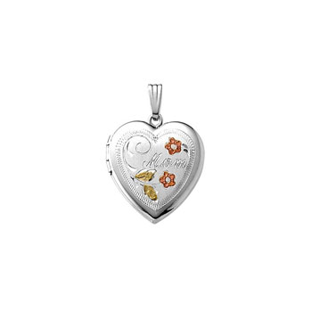 Mom Tri-Color 19mm Keepsake Heart Photo Locket - Sterling Silver Rhodium - Engravable on back - 18" chain included