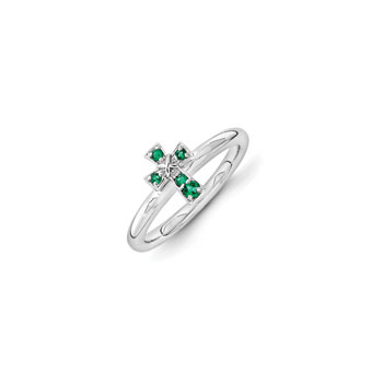 Girls Birthstone Cross Ring - Created Emerald Birthstone - Sterling Silver Rhodium - Size 5 - BEST SELLER