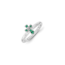 Girls Birthstone Cross Ring - Created Emerald Birthstone - Sterling Silver Rhodium - Size 5 - BEST SELLER/