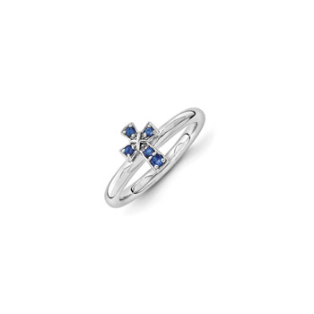 Girls Birthstone Cross Ring - Created Blue Sapphire Birthstone - Sterling Silver Rhodium - Size 5 - BEST SELLER