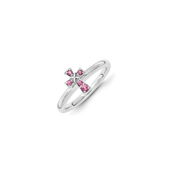 Girls Birthstone Cross Ring - Genuine Pink Tourmaline Birthstone - Sterling Silver Rhodium - Size 7