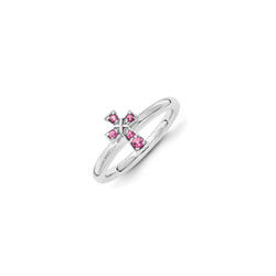 Girls Birthstone Cross Ring - Genuine Pink Tourmaline Birthstone - Sterling Silver Rhodium - Size 7/