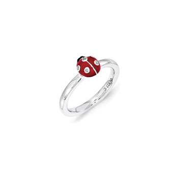 Adorable and Very Stylish Diamond Ladybug Ring for Girls - Sterling Silver Rhodium - Size 6