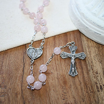 My First Rosary&trade; - 26-inch Sterling Silver Antique Heart Rosary Necklace - with Genuine Rose Quartz - Add an optional engravable charm and birthstone to personalize