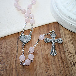 My First Rosary™ - 26-inch Sterling Silver Antique Heart Rosary Necklace - with Genuine Rose Quartz - Add an optional engravable charm and birthstone to personalize/
