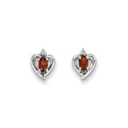 Girls Birthstone Heart Earrings - Genuine Diamond & Garnet Birthstone - Sterling Silver Rhodium - Push-back posts/
