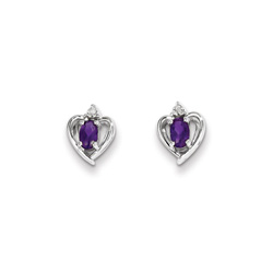 Girls Birthstone Heart Earrings - Genuine Diamond & Amethyst Birthstone - Sterling Silver Rhodium - Push-back posts/