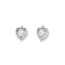 Girls Birthstone Heart Earrings - Genuine Diamond & Aquamarine Birthstone - Sterling Silver Rhodium - Push-back posts/