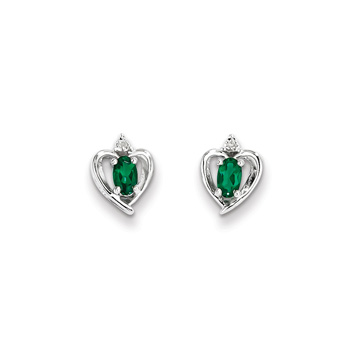 Girls Birthstone Heart Earrings - Genuine Diamond & Created Emerald Birthstone - Sterling Silver Rhodium - Push-back posts - BEST SELLER
