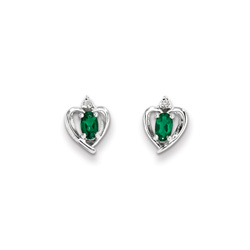 Girls Birthstone Heart Earrings - Genuine Diamond & Created Emerald Birthstone - Sterling Silver Rhodium - Push-back posts - BEST SELLER/
