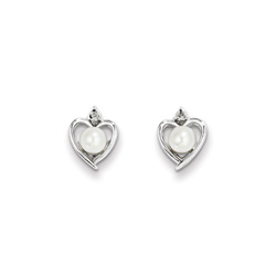Girls Birthstone Heart Earrings - Genuine Diamond & Freshwater Cultured Pearl Birthstone - Sterling Silver Rhodium - Push-back posts/