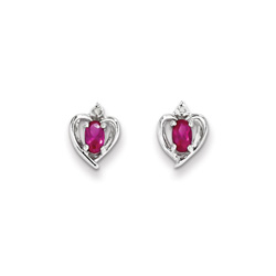 Girls Birthstone Heart Earrings - Genuine Diamond & Created Ruby Birthstone - Sterling Silver Rhodium - Push-back posts - BEST SELLER/