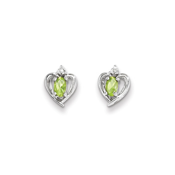 Girls Birthstone Heart Earrings - Genuine Diamond & Peridot Birthstone - Sterling Silver Rhodium - Push-back posts