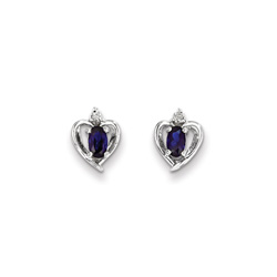 Girls Birthstone Heart Earrings - Genuine Diamond & Created Blue Sapphire Birthstone - Sterling Silver Rhodium - Push-back posts/