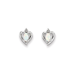 Girls Birthstone Heart Earrings - Genuine Diamond & Created Opal Birthstone - Sterling Silver Rhodium - Push-back posts/