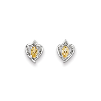 Girls Birthstone Heart Earrings - Genuine Diamond & Citrine Birthstone - Sterling Silver Rhodium - Push-back posts
