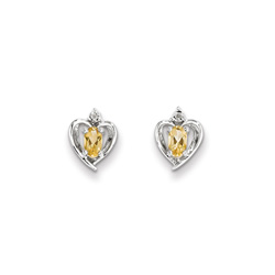 Girls Birthstone Heart Earrings - Genuine Diamond & Citrine Birthstone - Sterling Silver Rhodium - Push-back posts/