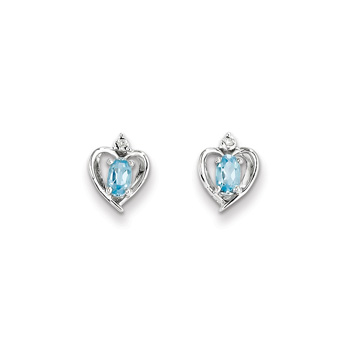 Girls Birthstone Heart Earrings - Genuine Diamond & Blue Topaz Birthstone - Sterling Silver Rhodium - Push-back posts - BEST SELLER