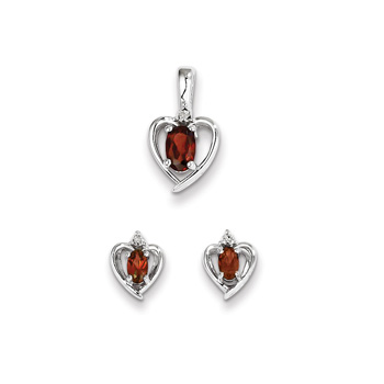 Girls Birthstone Heart Jewelry - Genuine Diamond and Garnet Birthstone - Earrings and Necklace Set - Sterling Silver Rhodium - Grow-With-Me® 16" adj. chain included - Save $10 with this set