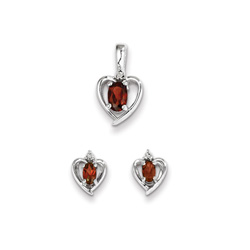 Girls Birthstone Heart Jewelry - Genuine Diamond and Garnet Birthstone - Earrings and Necklace Set - Sterling Silver Rhodium - Grow-With-Me® 16