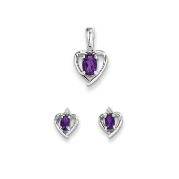 Girls Birthstone Heart Jewelry - Genuine Diamond and Amethyst Birthstone - Earrings and Necklace Set - Sterling Silver Rhodium - Grow-With-Me® 16" adj. chain included - Save $10 with this set